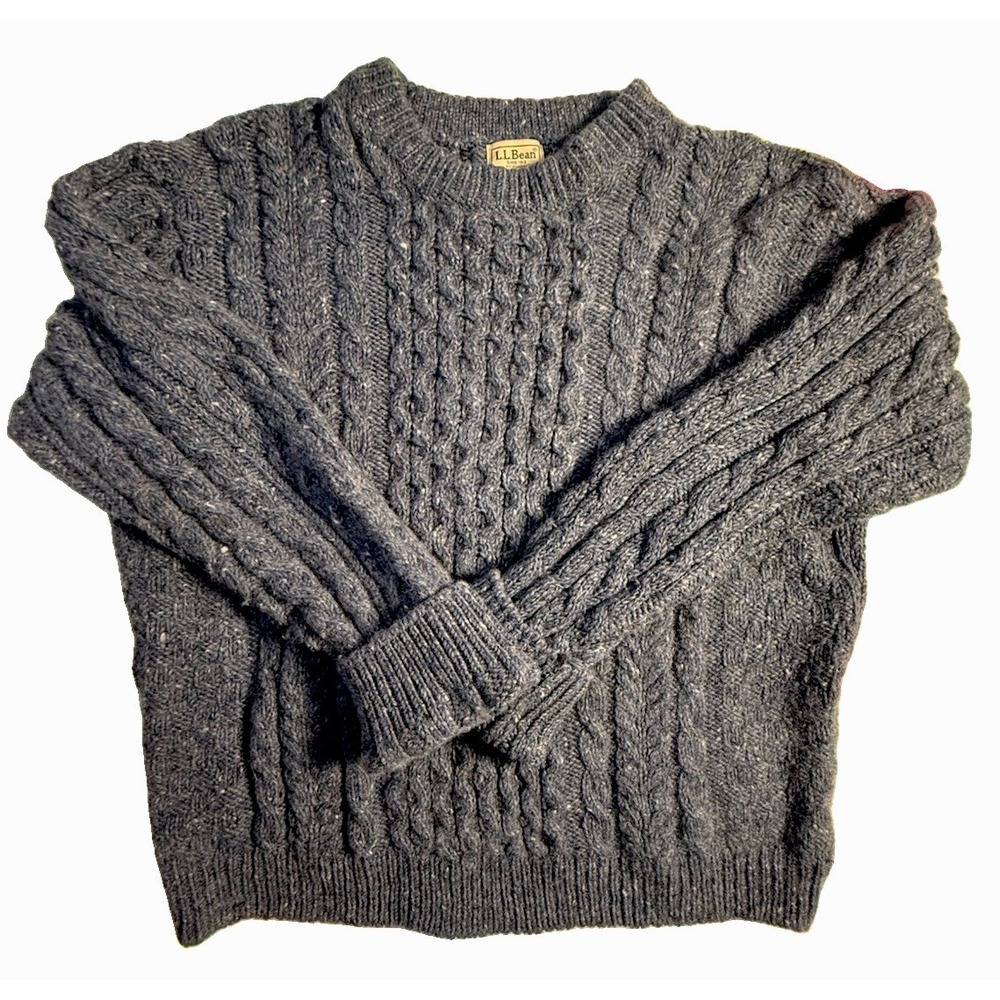Vintage L.L. Bean 100% Wool Ireland Blue Specked Cable Knit Fisherman Sweater